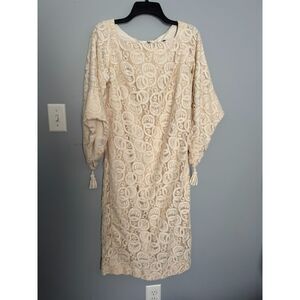 Vintage 1960s Ivory Boho Bell Sleeve Wedding Dress Cream Lace Tassel ILGWU